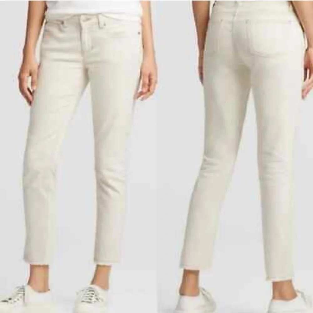 Eileen Fisher Off White Organic Cotton Stretch Straight Leg Raw Hem Jeans Size 4